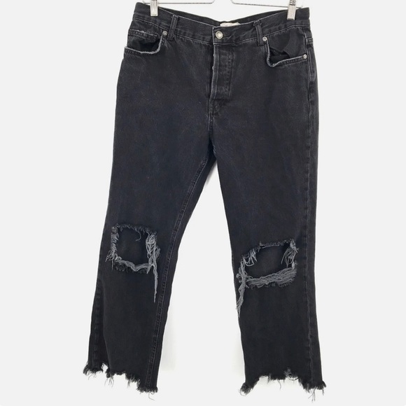 We The Free people button fly distressed straight leg black high rise Sz 29 - Picture 1 of 9